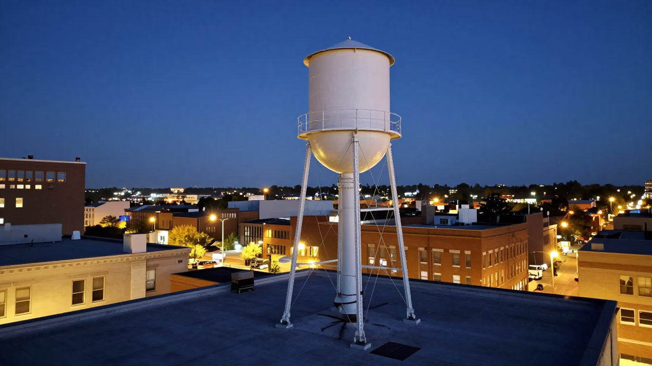 Nashville Tennessee Rooftop Water Tower at Blue Hour with City Lights in in Nashville, Tennessee, United States
