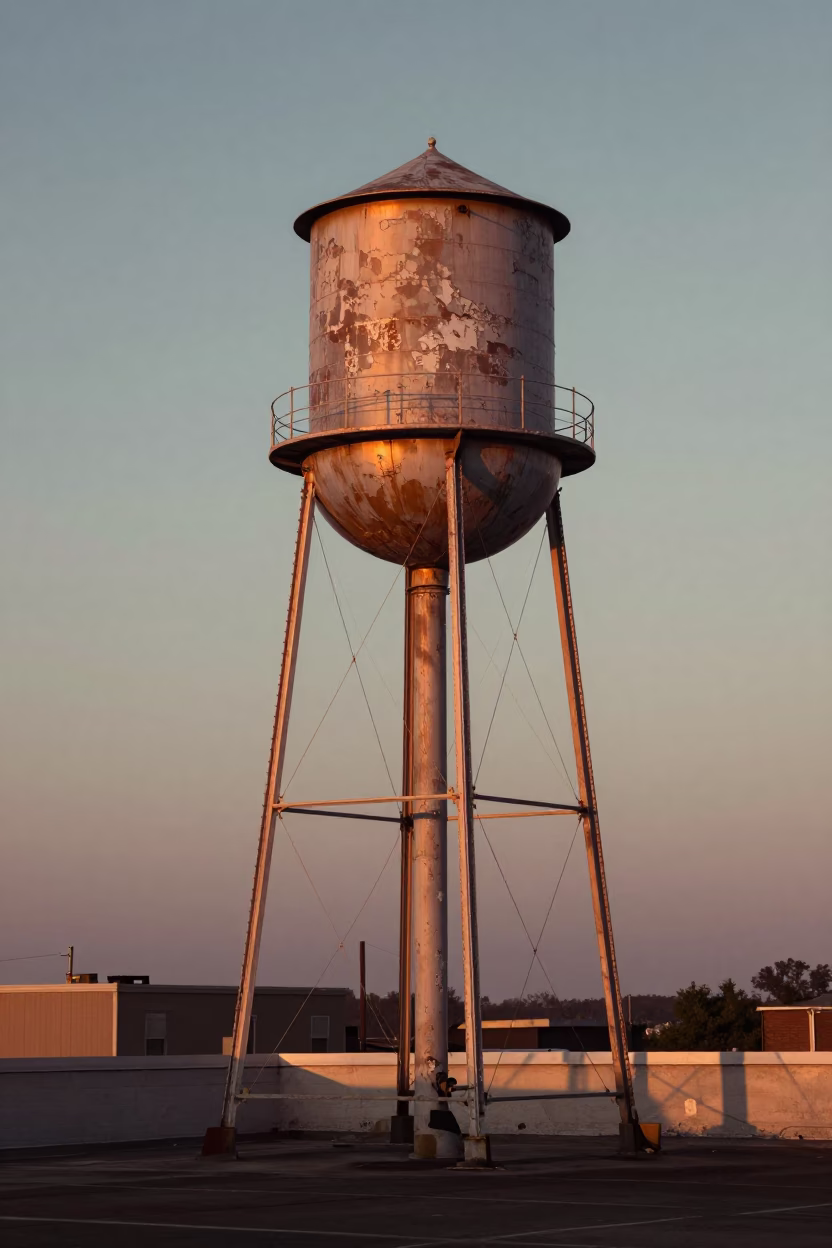 Nashville Tennessee Rooftop Water Tower in Copper Dusk Light 1950s Style Photograph in in Nashville, Tennessee, United States