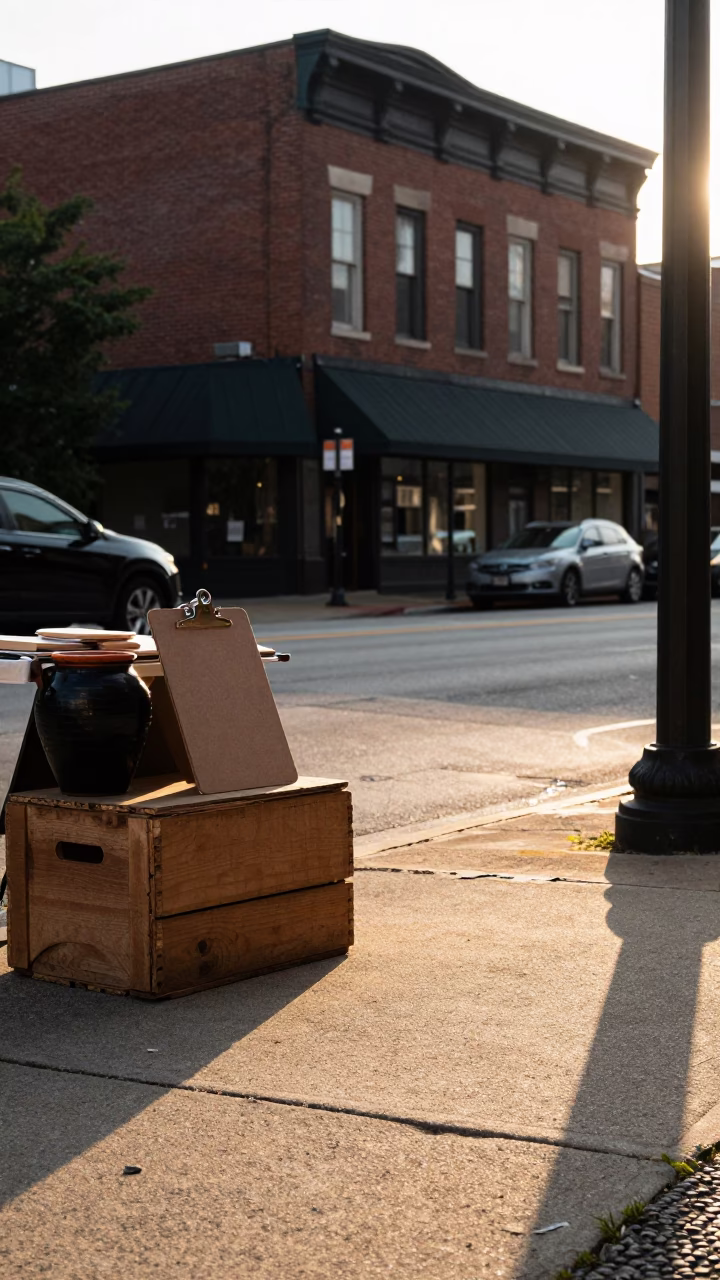 Nashville Tennessee street corner at sunrise with clipboard and stoneware crocks in in Nashville, Tennessee, United States