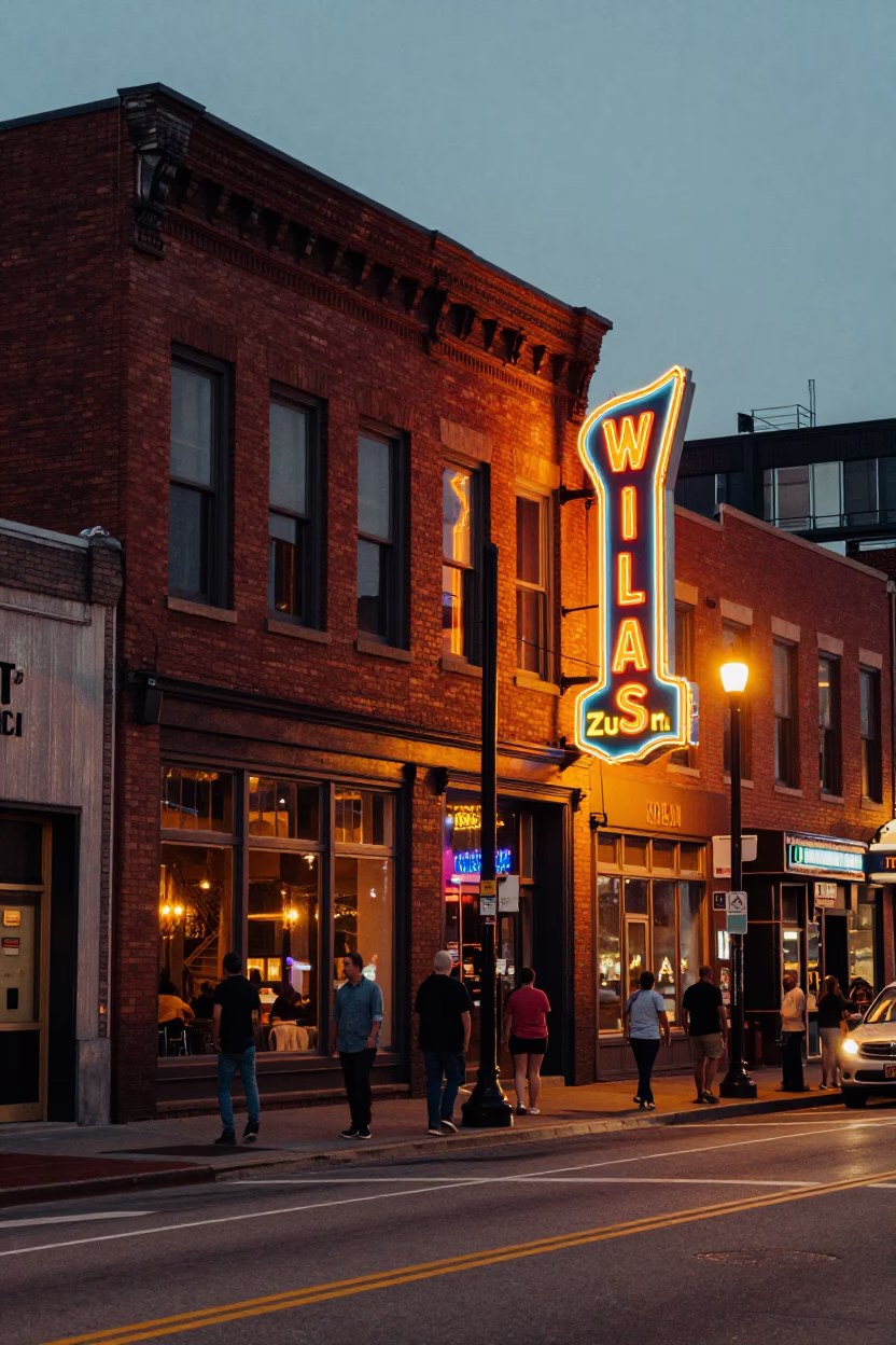 Nashville Tennessee street scene at dusk with neon signs and city lights in in Nashville, Tennessee, United States