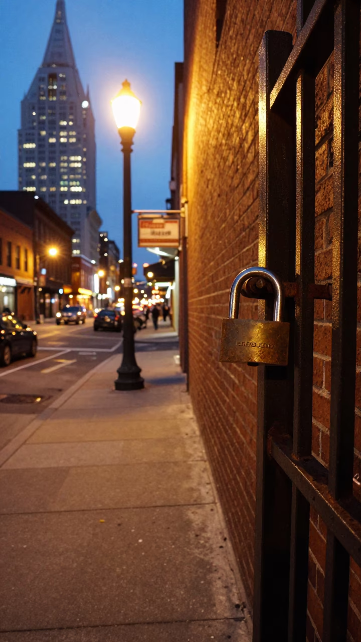 Nashville Tennessee Street Scene at Dusk with Padlock and City Lights in in Nashville, Tennessee, United States