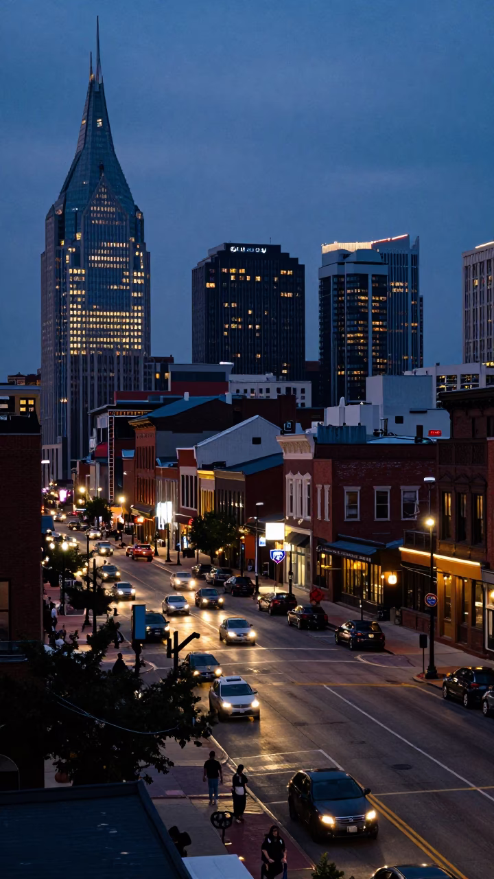 Nashville Tennessee Street Scene at Nautical Dawn with Local Business Activity in in Nashville, Tennessee, United States