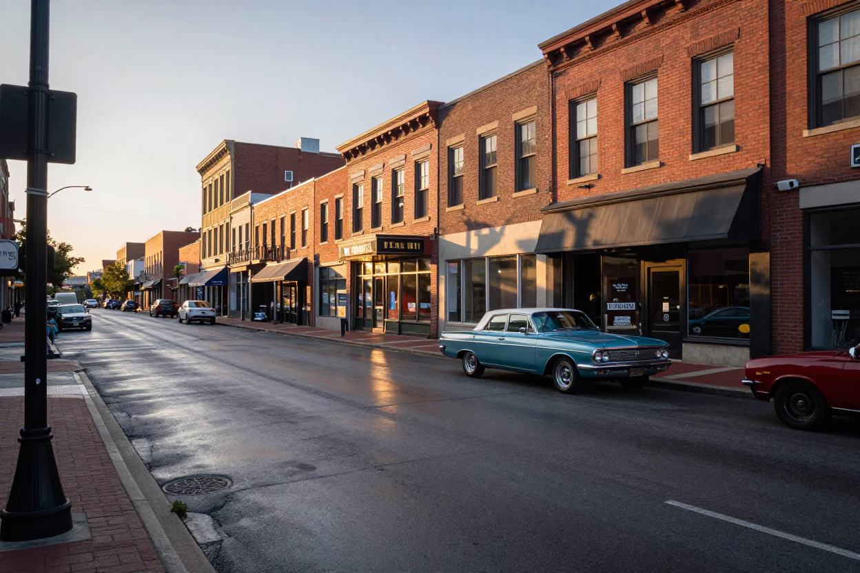Nashville Tennessee Street Scene at Nautical Dawn with Vintage Cars and Tool Hooks in in Nashville, Tennessee, United States