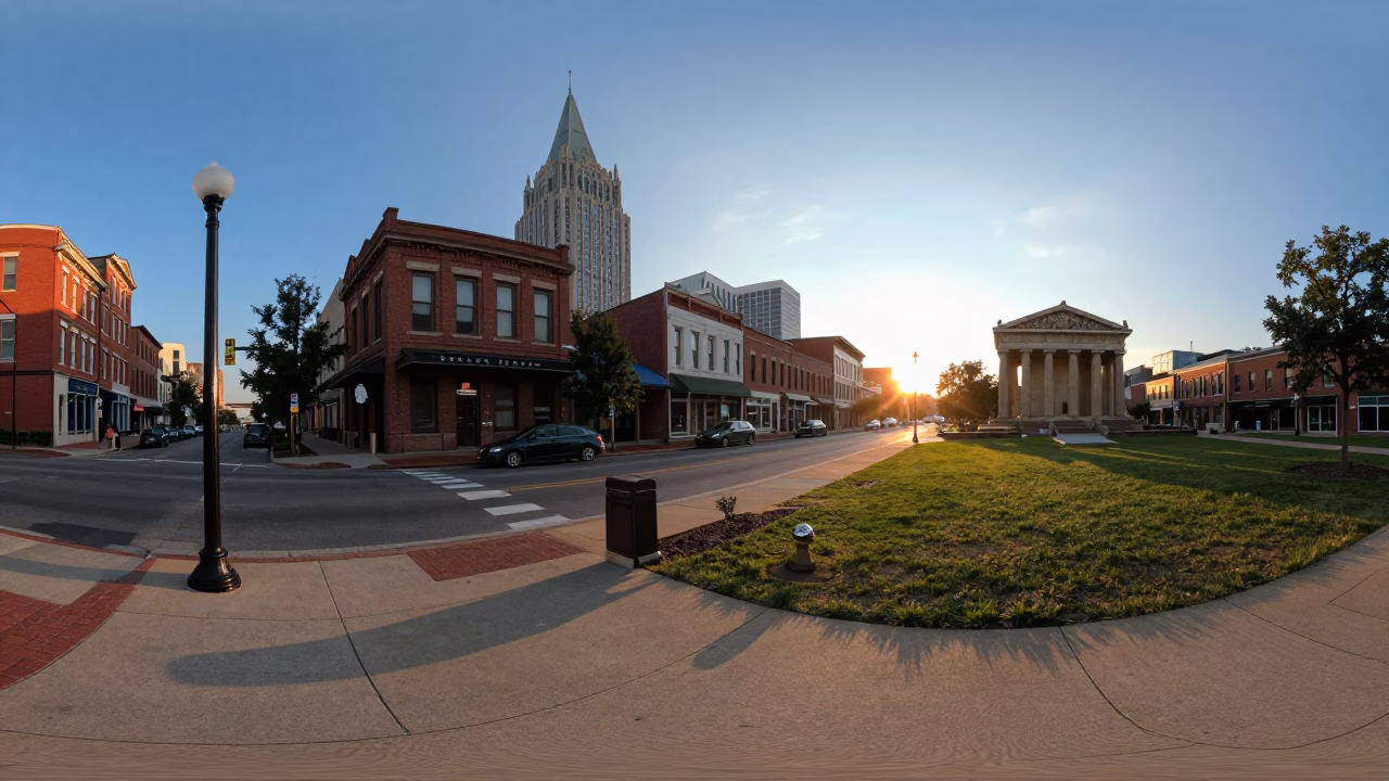 Nashville Tennessee street scene at sunset with historic architecture and urban activity in in Nashville, Tennessee, United States