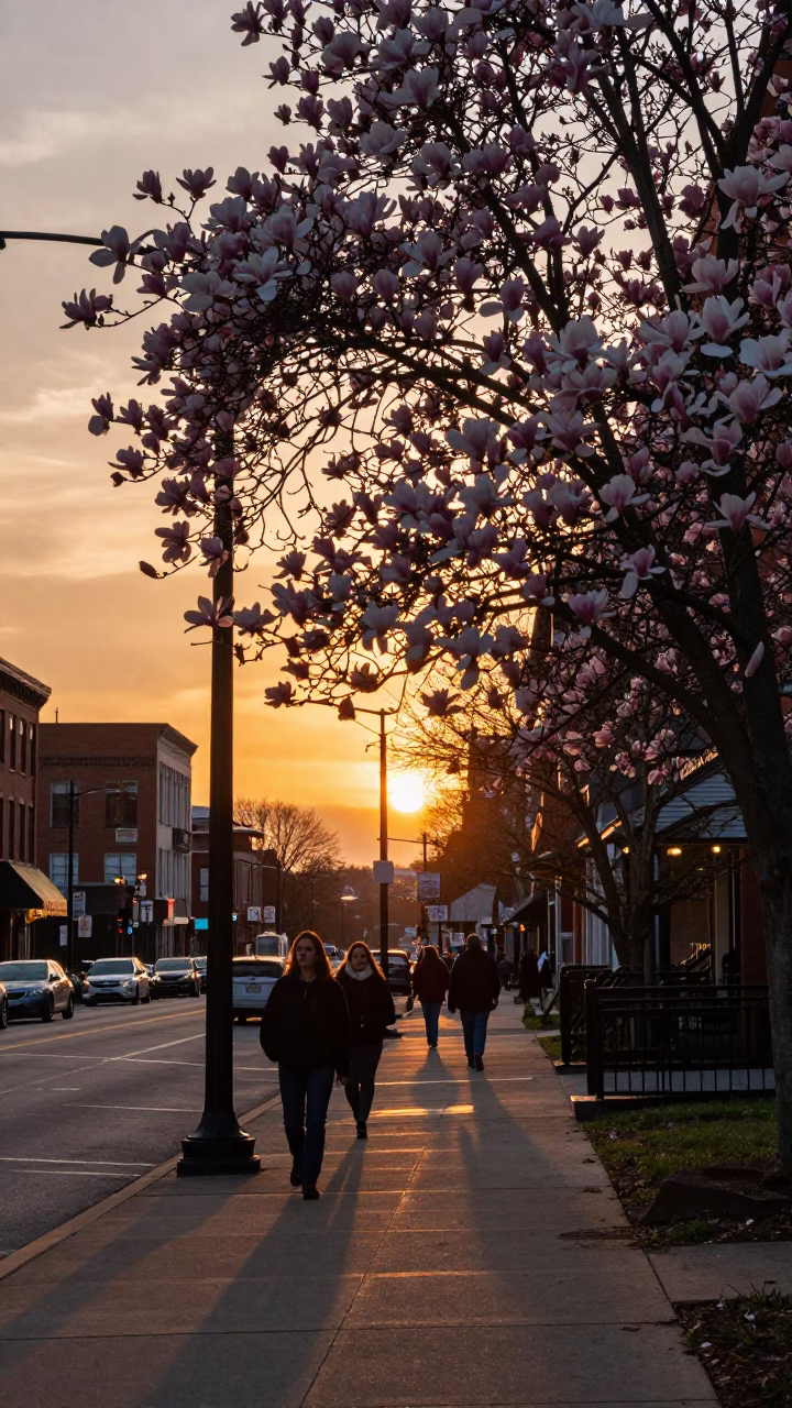 Nashville Tennessee Street Scene at Sunset with Magnolia Tree and Vintage 1990s Aesthetic in in Nashville, Tennessee, United States