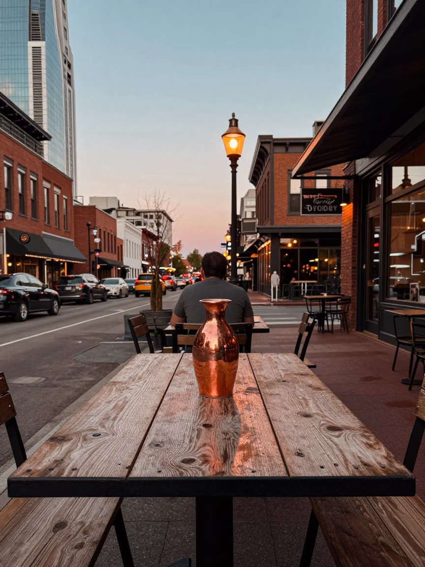 Nashville Tennessee Street Scene Copper Light Before Dusk with Ceramic Cup and Metronome in in Nashville, Tennessee, United States