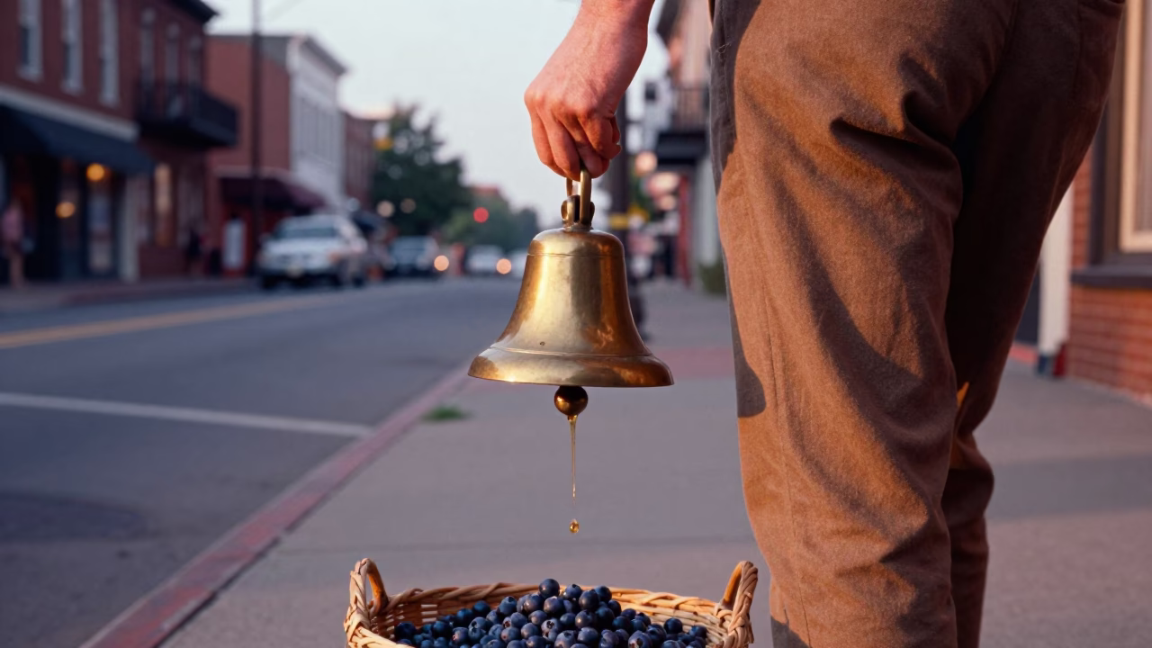 Nashville Tennessee street scene with bell and blueberries in honeyed evening light in in Nashville, Tennessee, United States