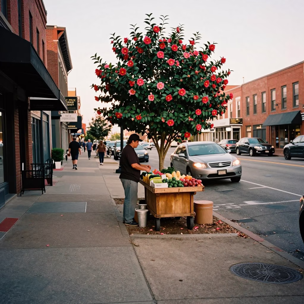 Nashville Tennessee Street Scene with Camellia Flower in Honeyed Evening Light in in Nashville, Tennessee, United States