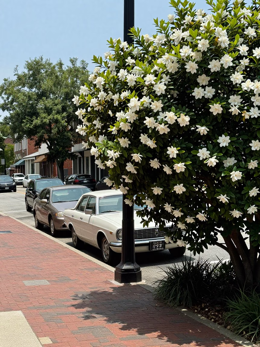 Nashville Tennessee Street Scene with Gardenia Bush and Vintage Cars at Noon in in Nashville, Tennessee, United States