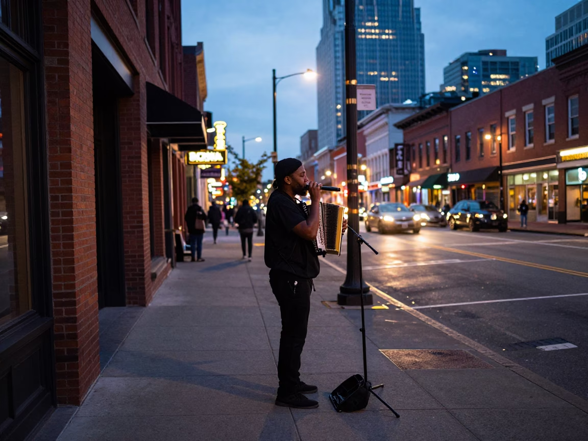 Nashville Tennessee Street Scene with Harmonica Player and City Lights in in Nashville, Tennessee, United States