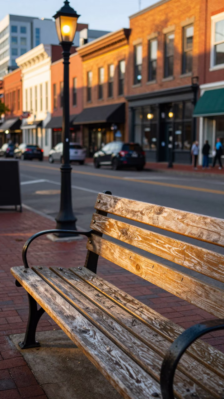 Nashville Tennessee Street Scene with Lantern and Scratched Bench in Evening Light in in Nashville, Tennessee, United States