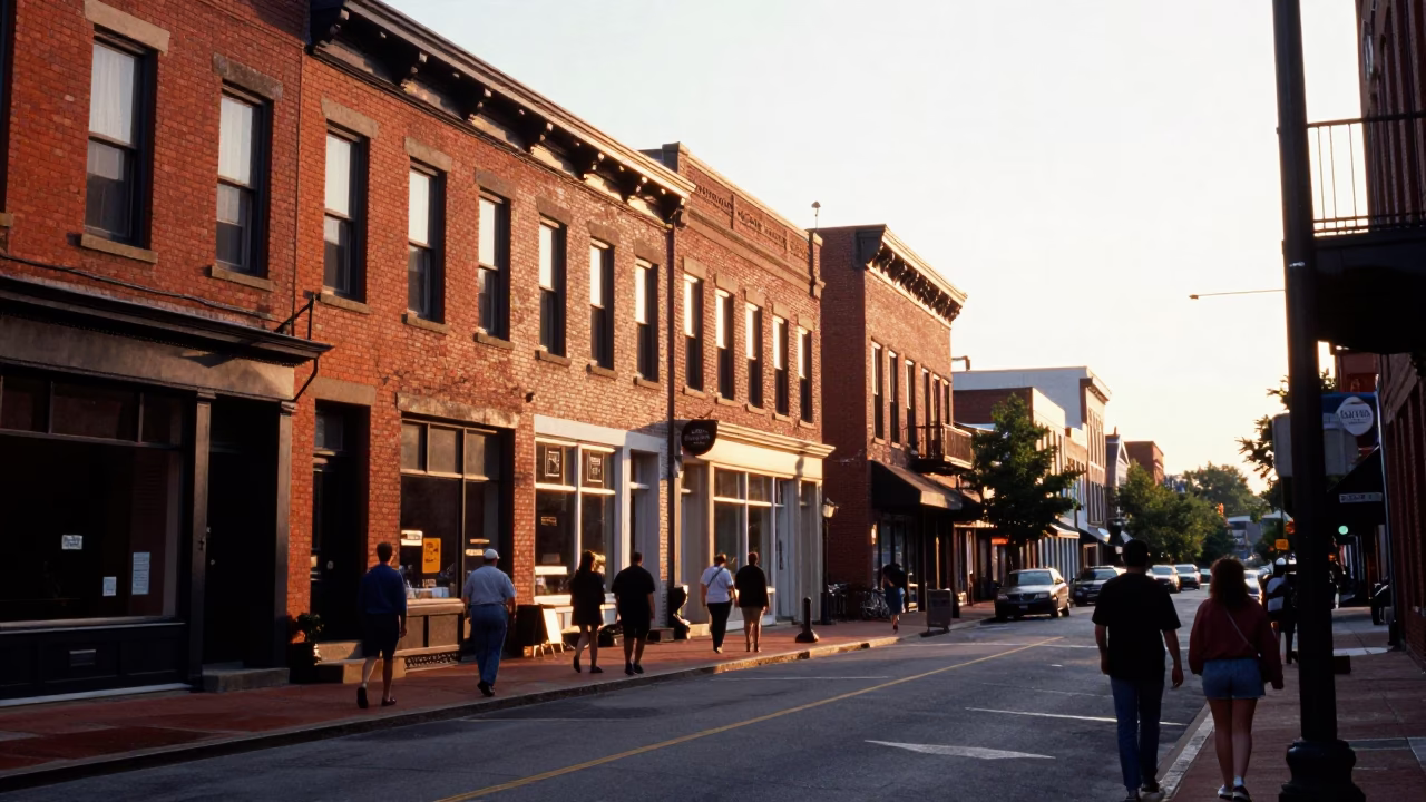 Nashville Tennessee street scene with red brick buildings and honeyed evening light in in Nashville, Tennessee, United States