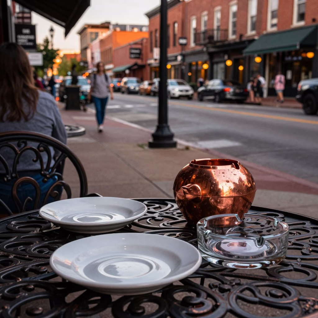Nashville Tennessee Street Scene with Saucers and Ashtray in Copper Toned Light Before Dusk in in Nashville, Tennessee, United States