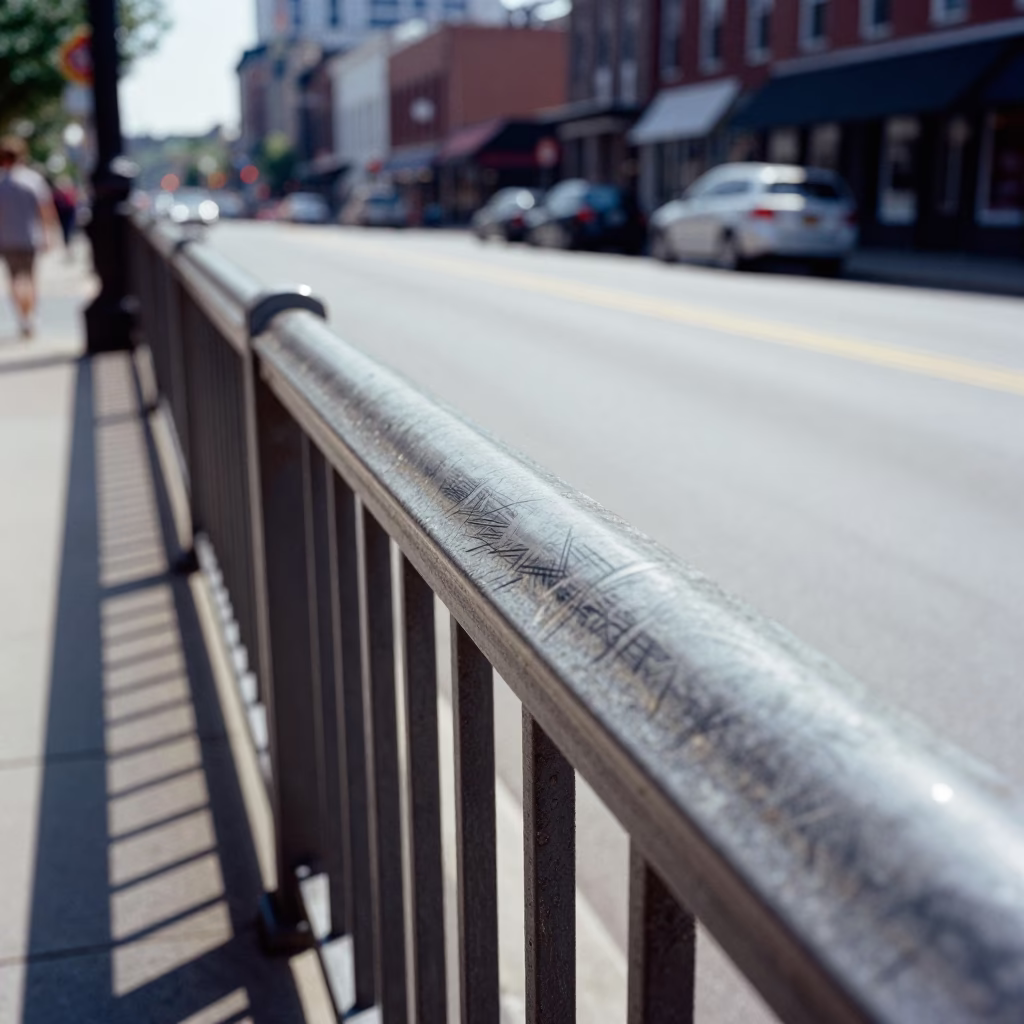 Nashville Tennessee Street Scene with Scratched Metal Rail and Urban Noon Light in in Nashville, Tennessee, United States