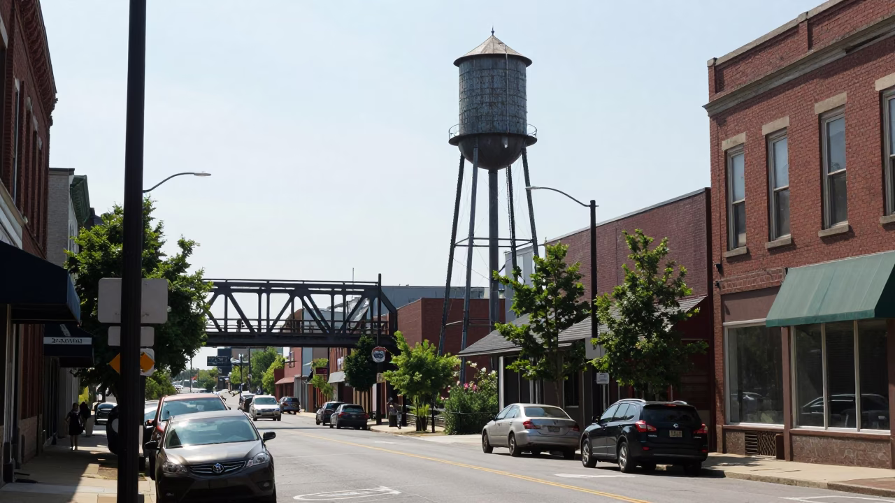 Nashville Tennessee Street Scene with Water Tower and Bridge Pier in Bright Midmorning Light in in Nashville, Tennessee, United States