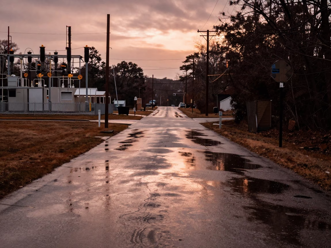 Nashville Tennessee Substation Access Road Puddled with Oil Sheen Rainwater Before Dusk in in Nashville, Tennessee, United States