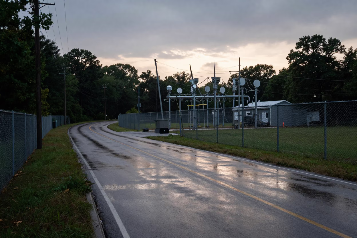 Nashville Tennessee Substation Road Puddled with Oil Sheen Rainwater at Nautical Dawn in in Nashville, Tennessee, United States