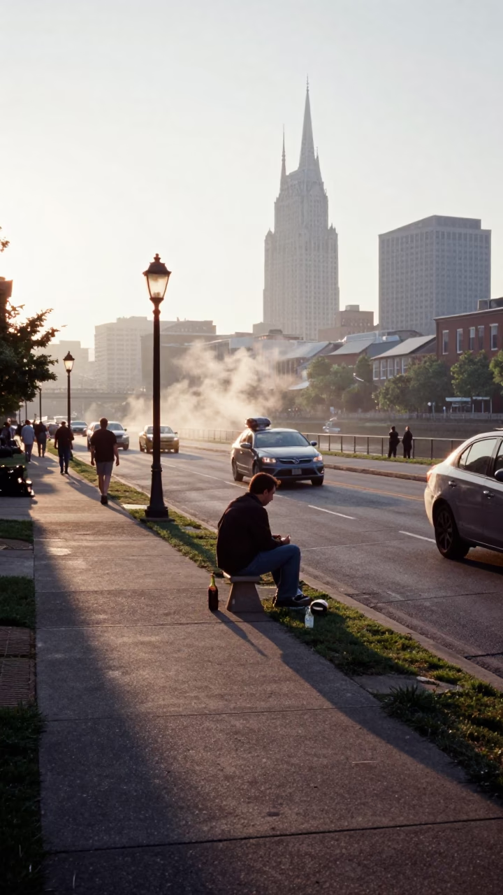 Nashville Tennessee Sunrise Street Scene with Bottle and Steam Haze in in Nashville, Tennessee, United States