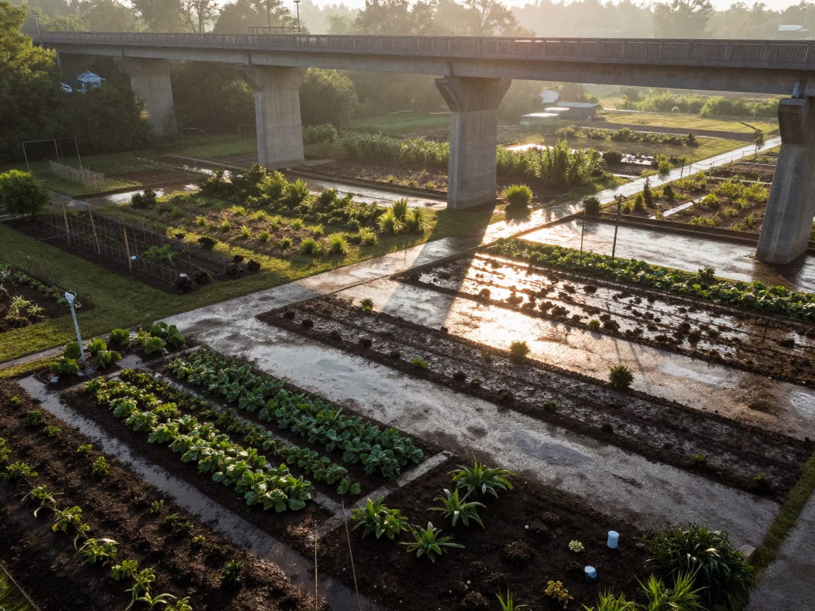 Nashville Tennessee Sunrise Viaduct Shadow Cutting Across Rain-Wet Allotment Gardens in in Nashville, Tennessee, United States