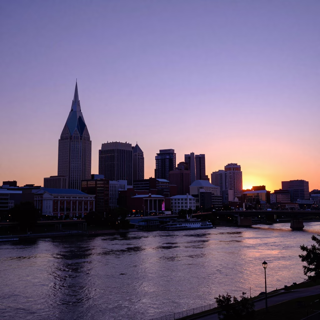 Nashville Tennessee Sunset Horizon View Over Cumberland River and Downtown Skyline in in Nashville, Tennessee, United States