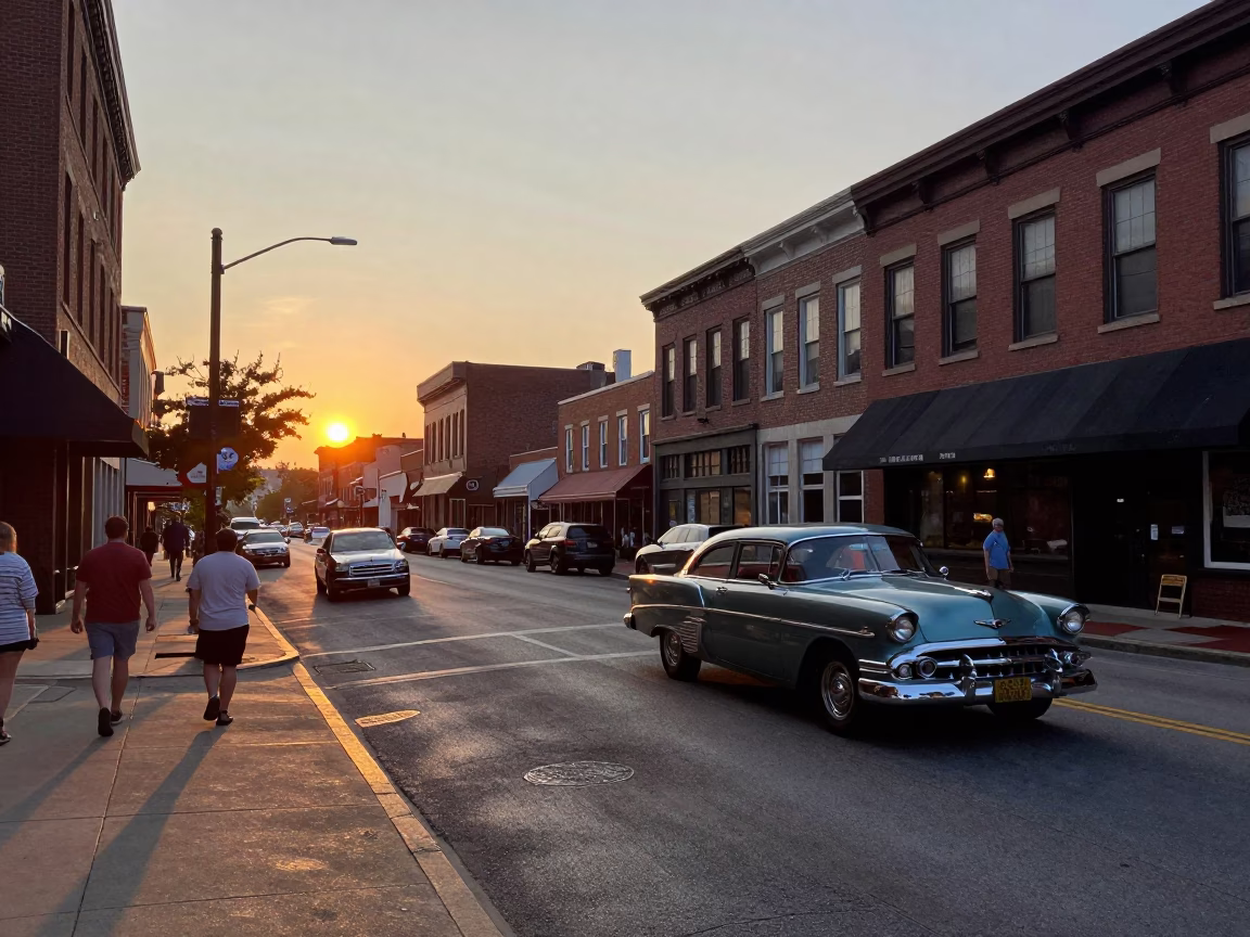 Nashville Tennessee sunset street scene with classic cars and pedestrians in in Nashville, Tennessee, United States