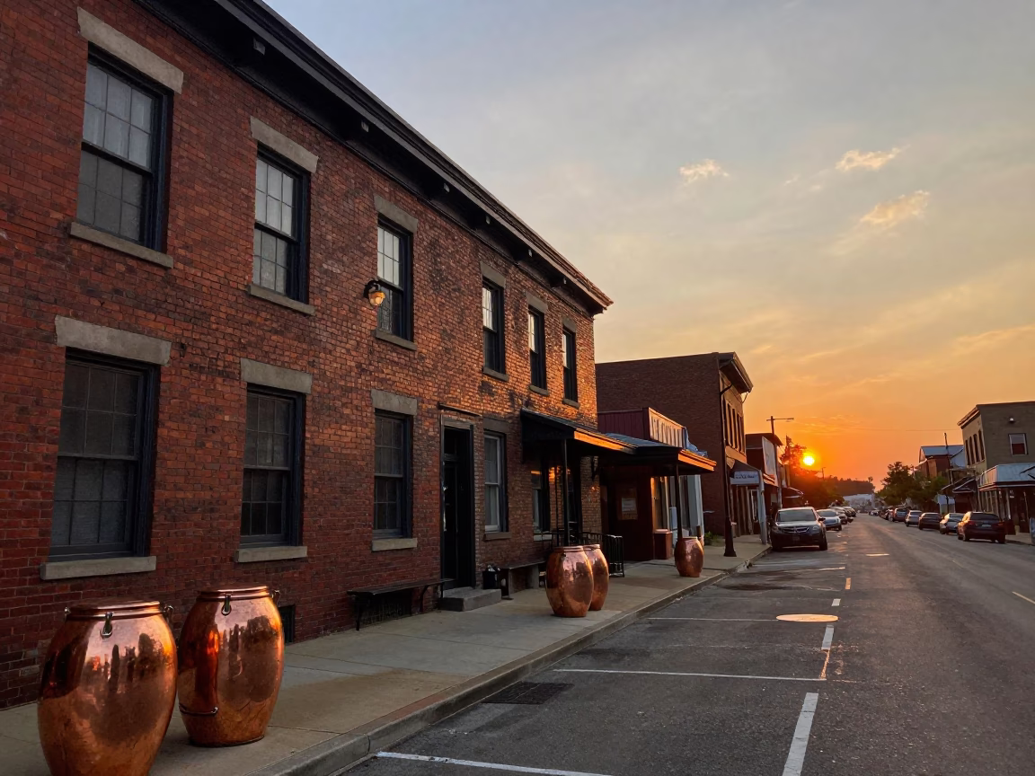 Nashville Tennessee Sunset Street Scene with Copper Pots and Local Interaction in in Nashville, Tennessee, United States