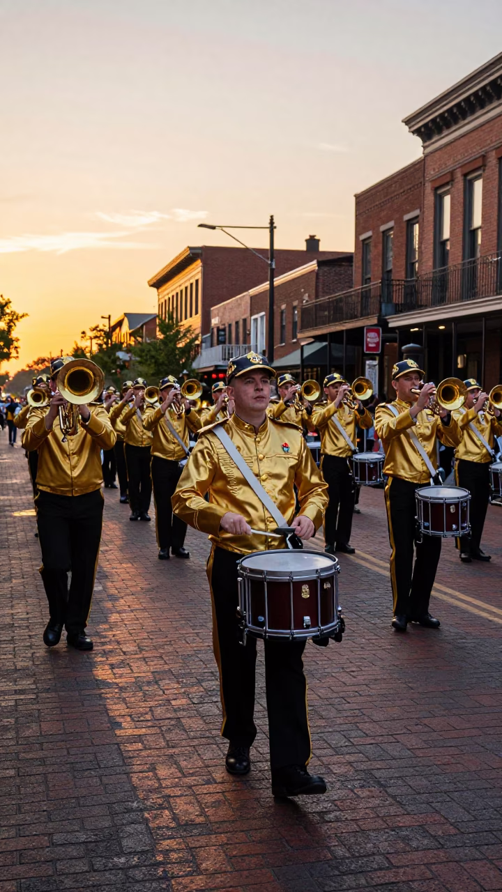 Nashville Tennessee Sunset Street Scene with Drum Major Leading Marching Band in in Nashville, Tennessee, United States