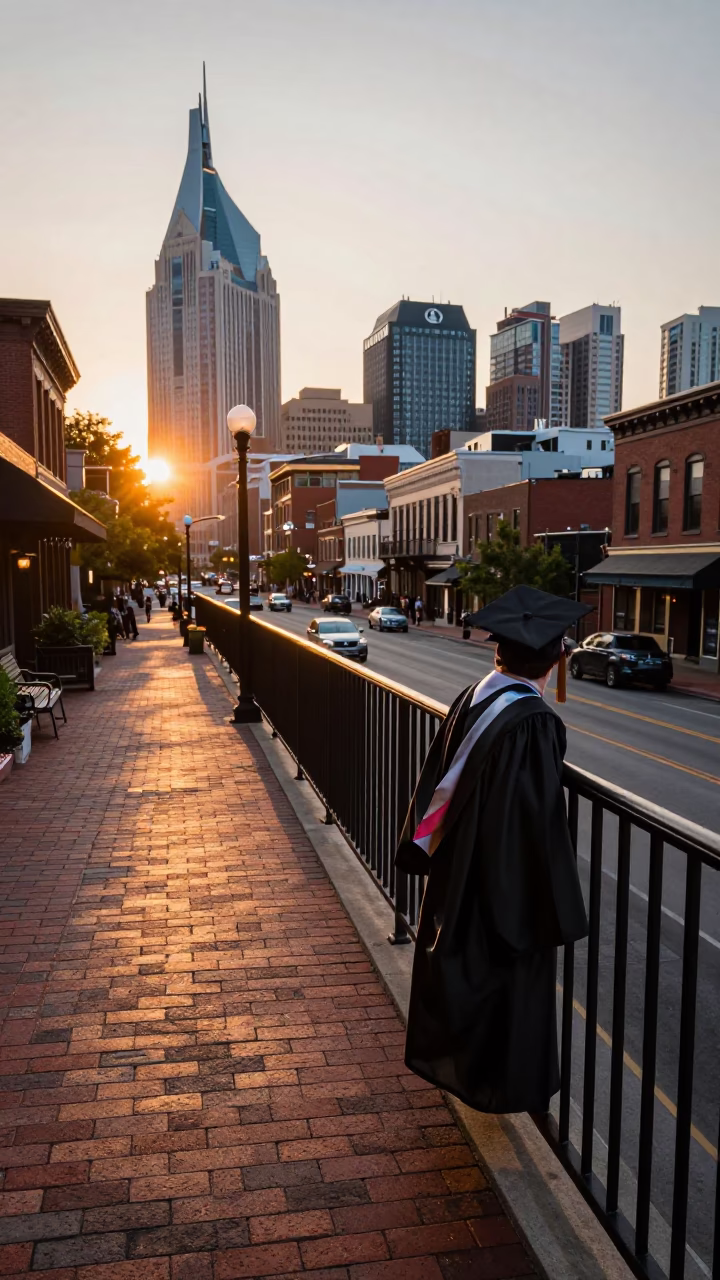 Nashville Tennessee Sunset Street Scene with Graduation Gown and Local Architecture in in Nashville, Tennessee, United States