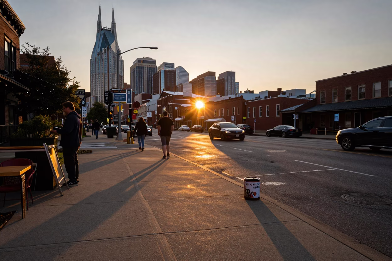 Nashville Tennessee Sunset Street Scene with Local Coffee Tin and Urban Details in in Nashville, Tennessee, United States