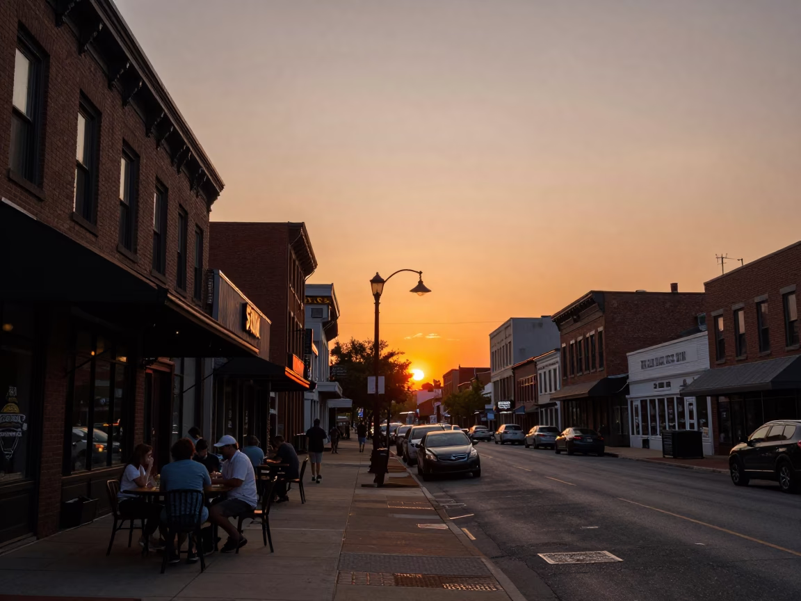 Nashville Tennessee Sunset Street Scene with Local Dining and Urban Ambiance in in Nashville, Tennessee, United States