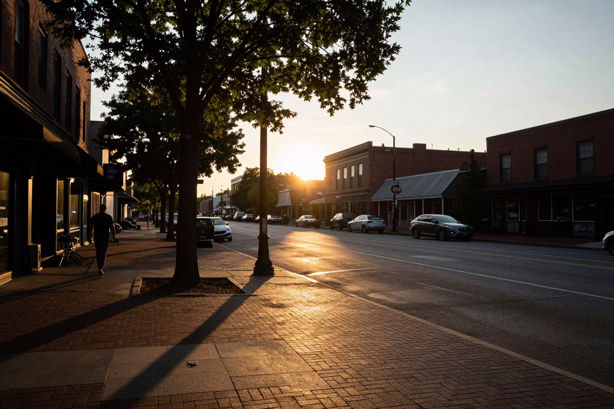 Nashville Tennessee Sunset Street Scene with Tree Shadows and Local Dining in in Nashville, Tennessee, United States