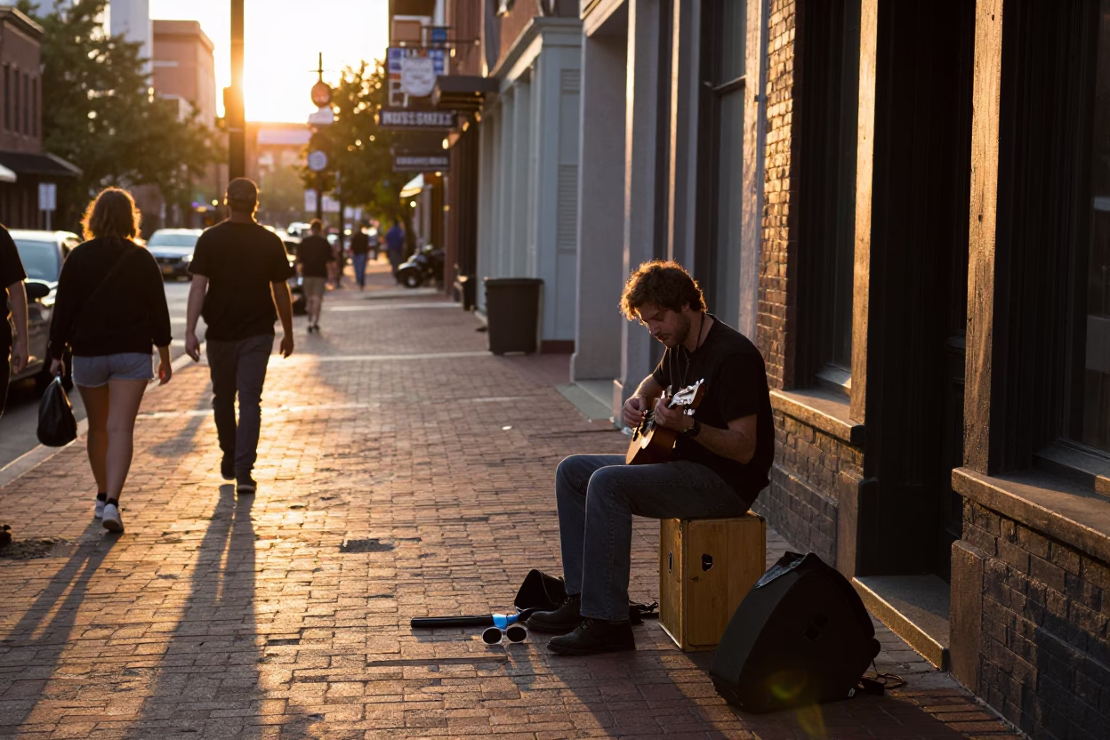 Nashville Tennessee Sunset Street Scene with Ukulele Player and Pedestrians in in Nashville, Tennessee, United States