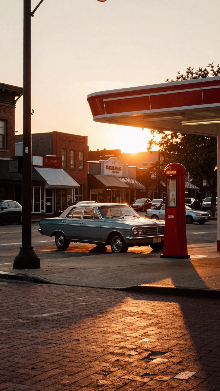 Nashville Tennessee Sunset Street Scene with Vintage 1970s Aesthetic and Local Architecture in in Nashville, Tennessee, United States