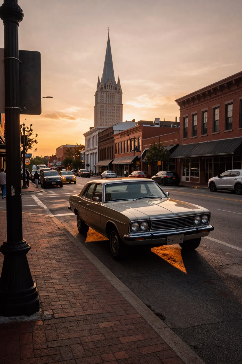 Nashville Tennessee Sunset Street Scene with Vintage 1970s Details and Local Atmosphere in in Nashville, Tennessee, United States