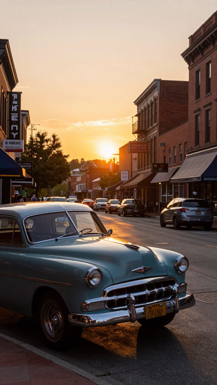 Nashville Tennessee Sunset Street Scene with Vintage Car and Local Pedestrians in in Nashville, Tennessee, United States