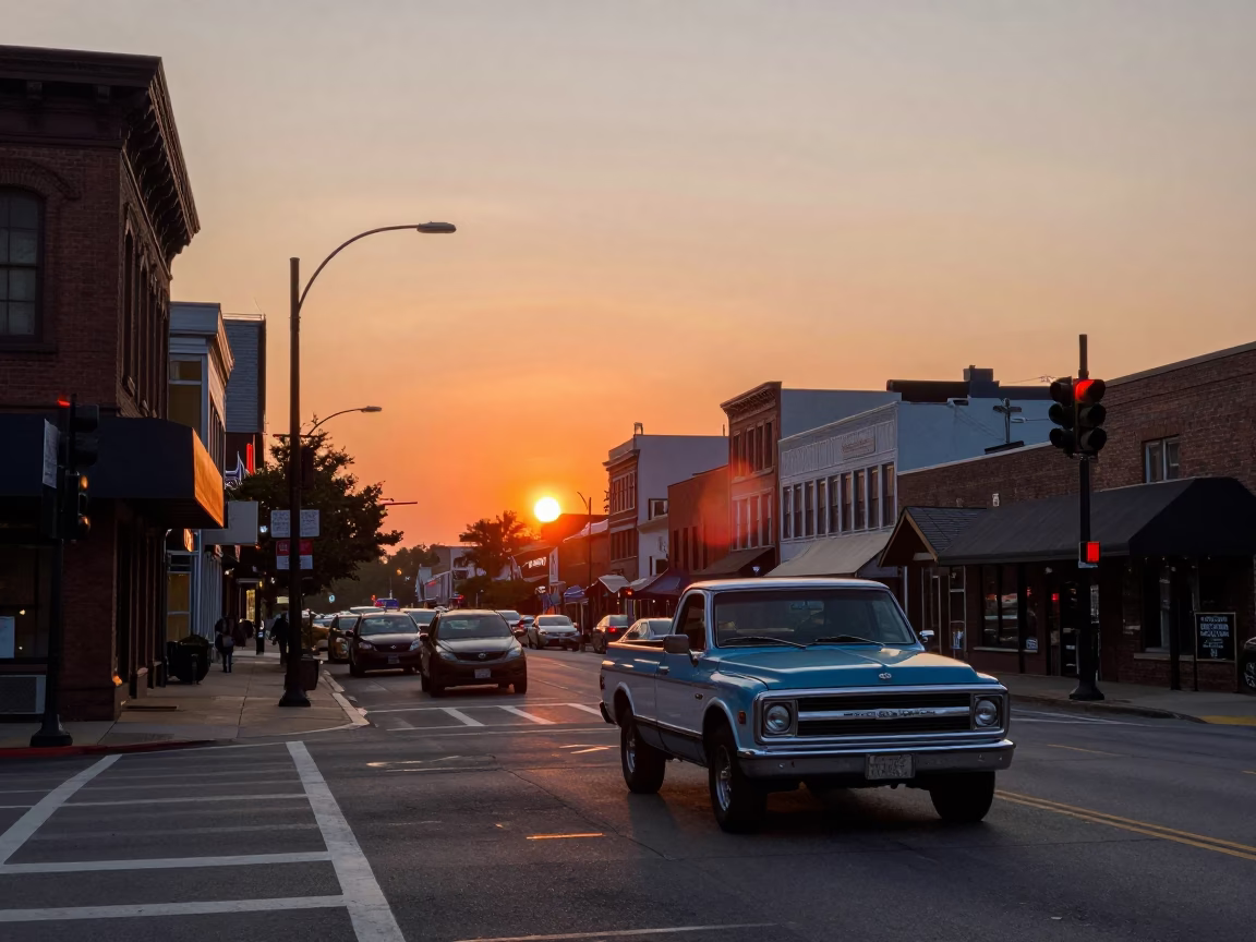 Nashville Tennessee Sunset Street Scene with Vintage Car and Local Street Art in in Nashville, Tennessee, United States