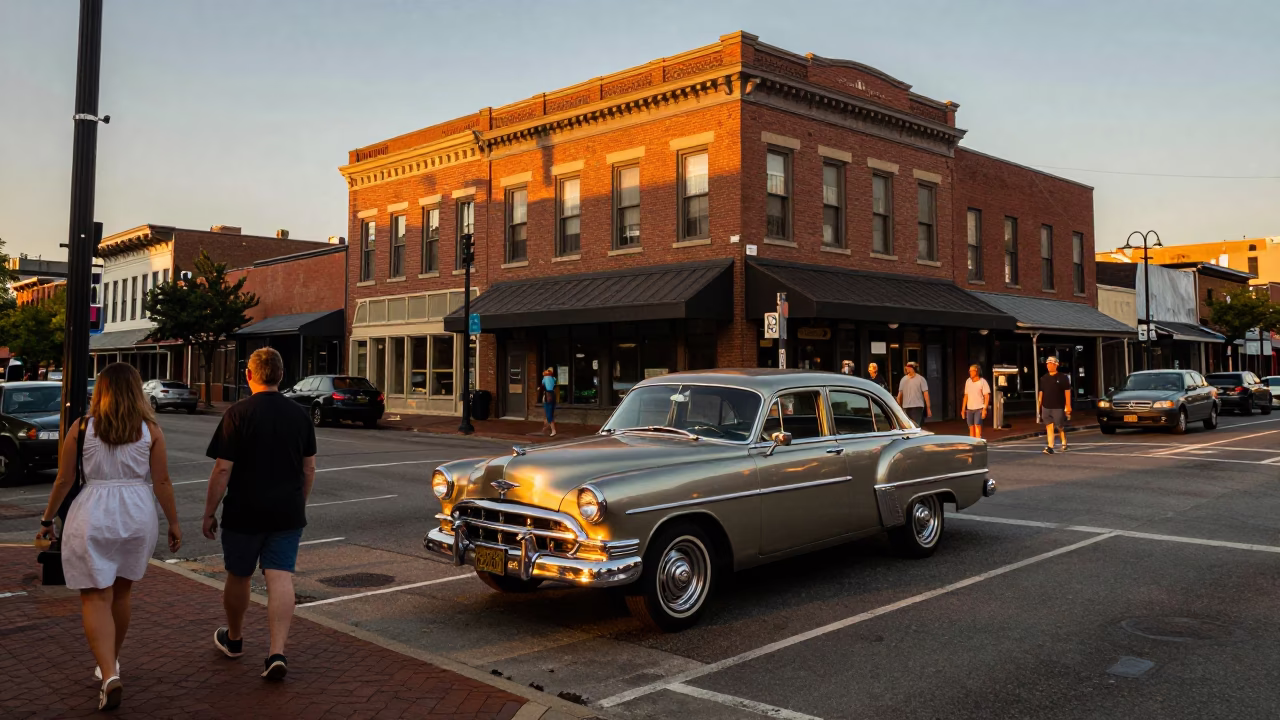 Nashville Tennessee Sunset Street Scene with Vintage Car and Pedestrians in in Nashville, Tennessee, United States