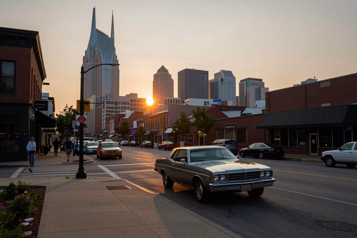 Nashville Tennessee Sunset Street Scene with Vintage Cars and Local Pedestrians in in Nashville, Tennessee, United States