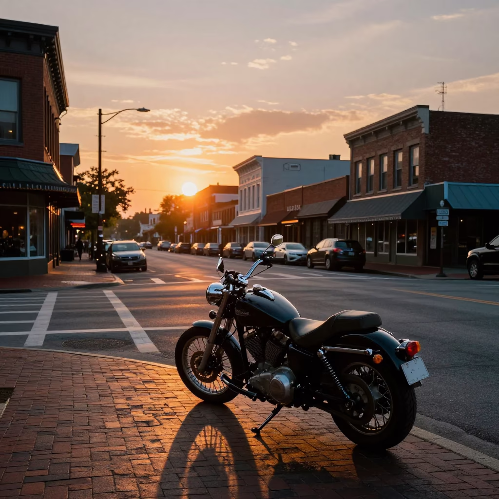 Nashville Tennessee Sunset Street Scene with Vintage Motorcycle and Local Interaction in in Nashville, Tennessee, United States