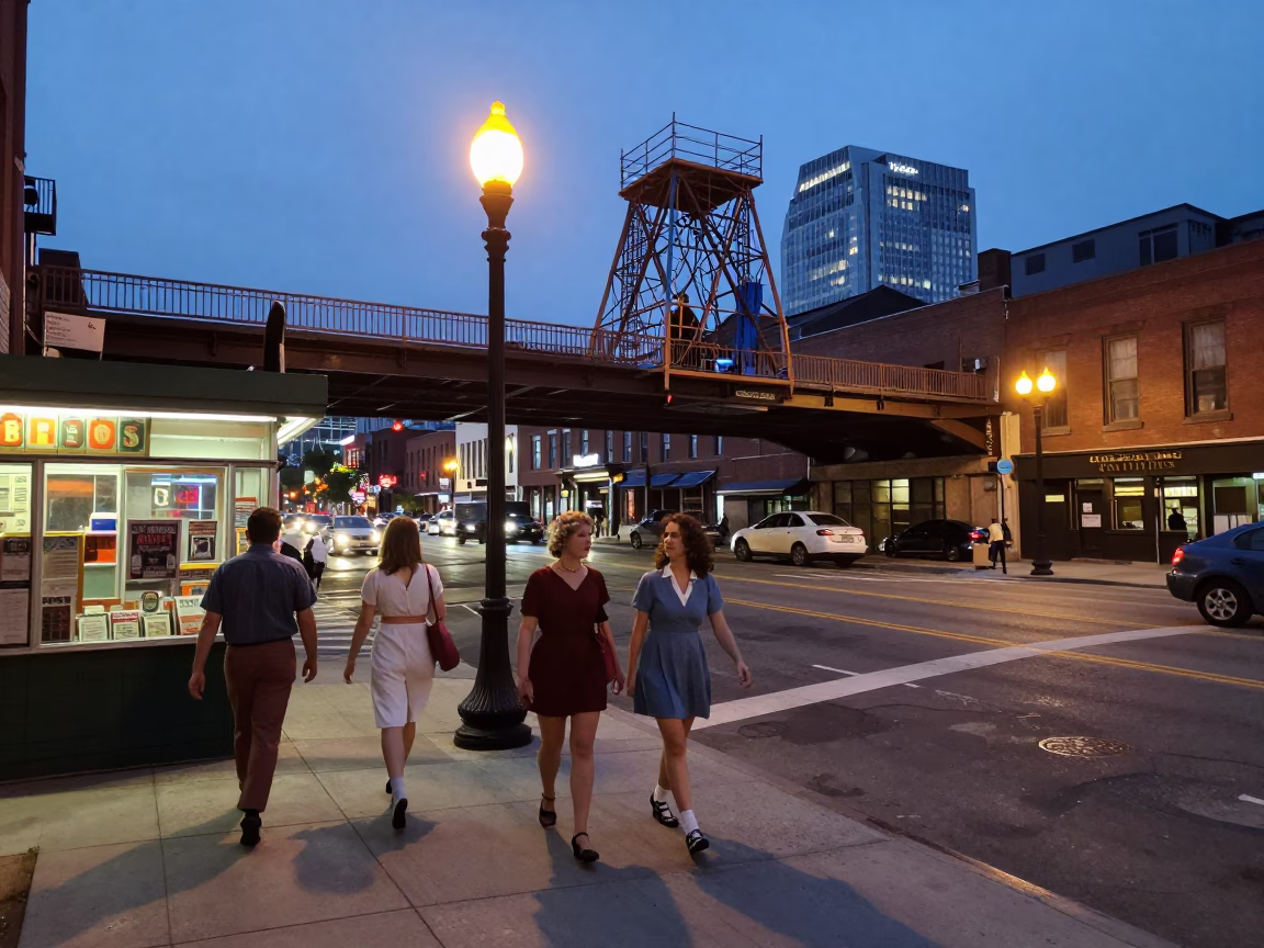 Nashville Tennessee Twilight Street Scene with Bridge Maintenance Cage and Urban Activity in in Nashville, Tennessee, United States