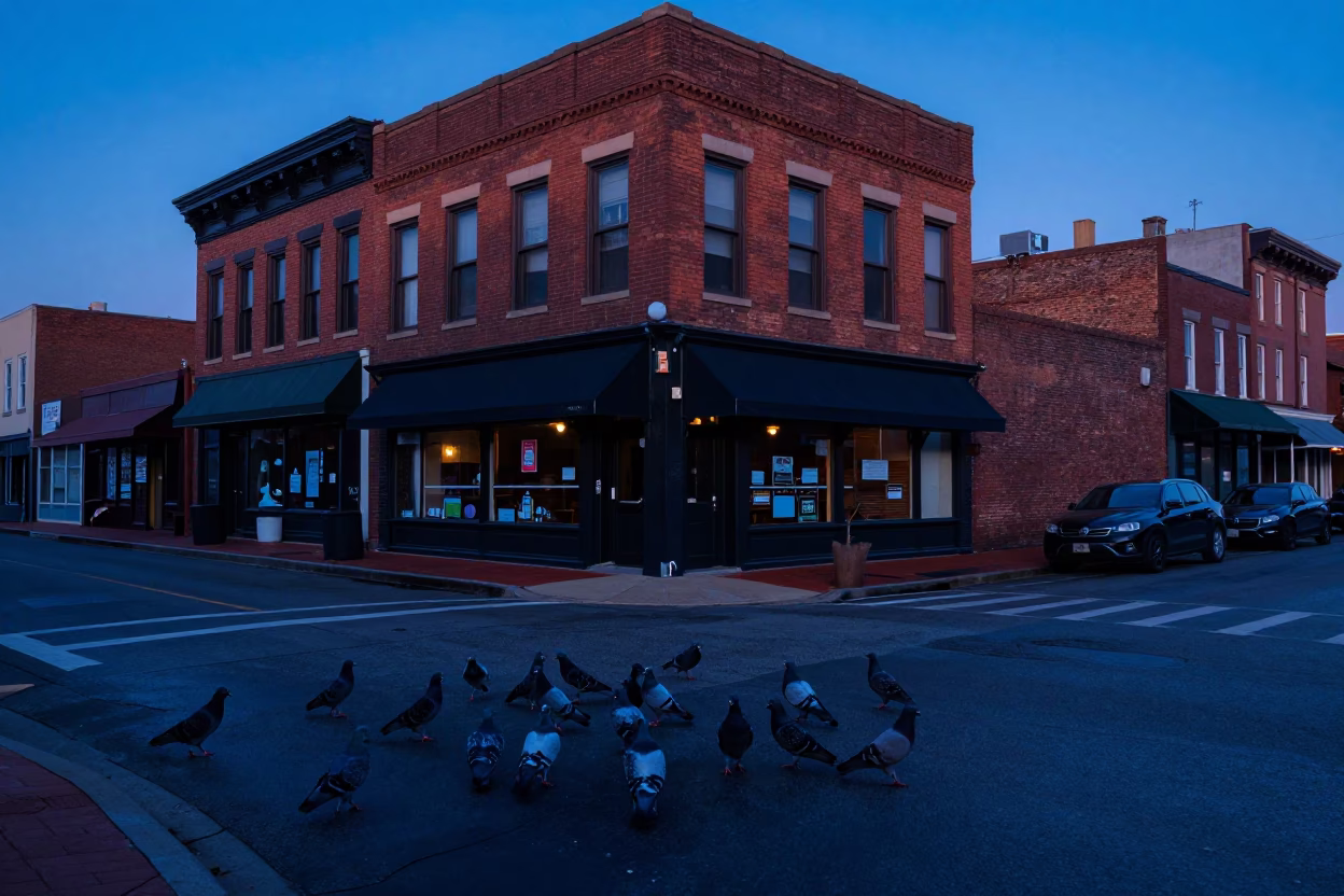 Nashville Tennessee Twilight Street Scene with Pigeons and Brick Architecture in in Nashville, Tennessee, United States