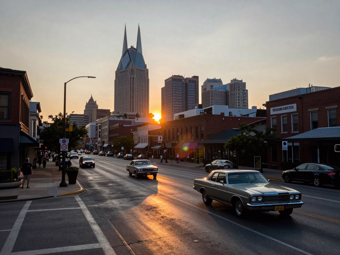 Nashville Tennessee Urban Sunset Street Scene with Vintage Cars and City Skyline in in Nashville, Tennessee, United States