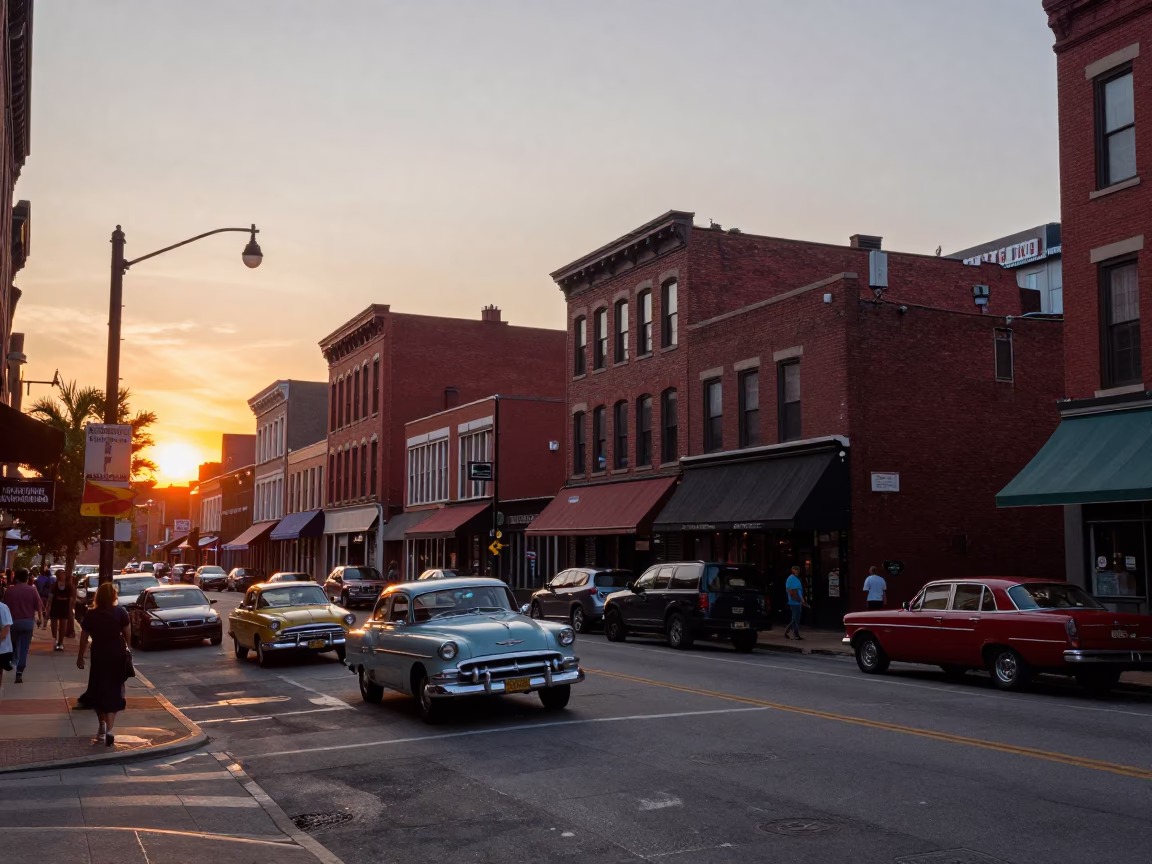 Nashville Tennessee USA street scene at sunset with classic 1950s architecture and parked cars in in Nashville, Tennessee, United States