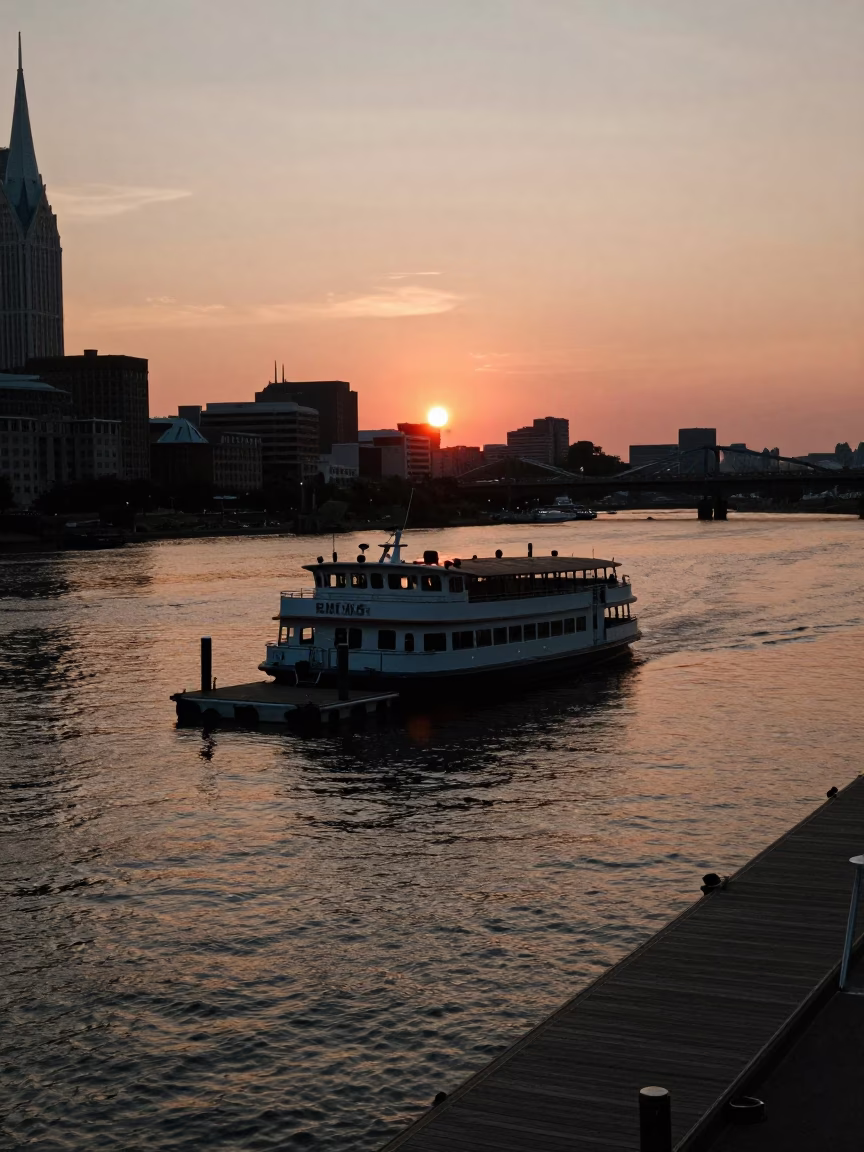 Nashville Tennessee Water Taxi Dock Sunset Scene with Floating Pier in in Nashville, Tennessee, United States