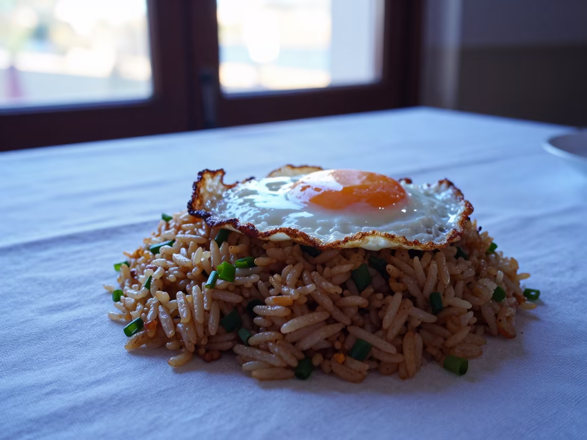 Nasi goreng plate with fried egg on linen table in on a linen-covered restaurant table in Getafe