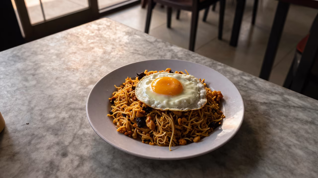 Nasi Goreng Fried Egg Bamenda Cafe Table in on a marble cafe table in Bamenda