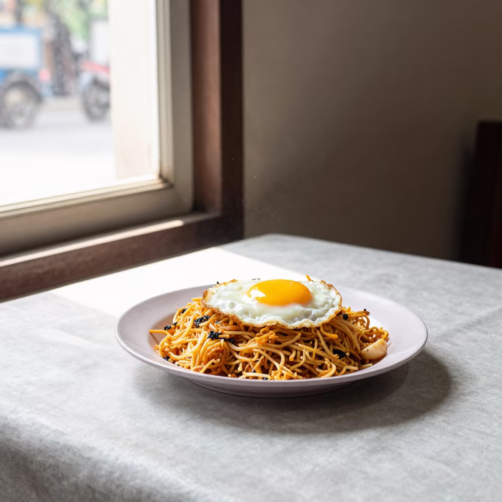 Nasi Goreng Fried Egg Midday Light in on a linen-covered restaurant table in Sadarghat, Dhaka