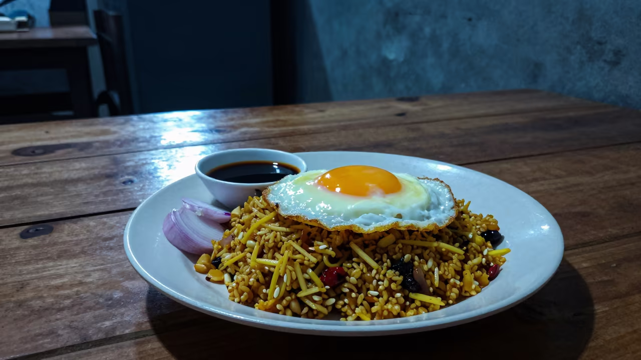 Nasi Goreng Fried Egg Neon Night Dindigul in on a rustic wooden table in Dindigul