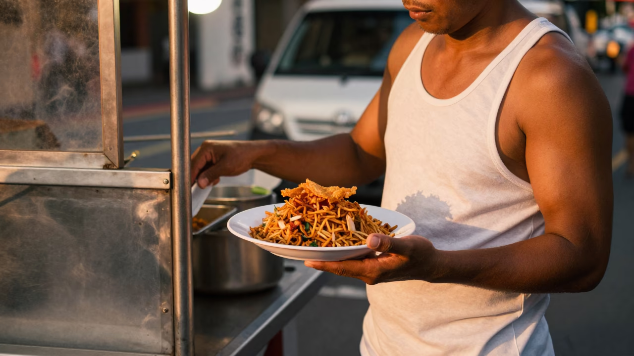 Nasi Goreng in Singapore at Copper-toned Light Before Dusk in in Singapore, Singapore