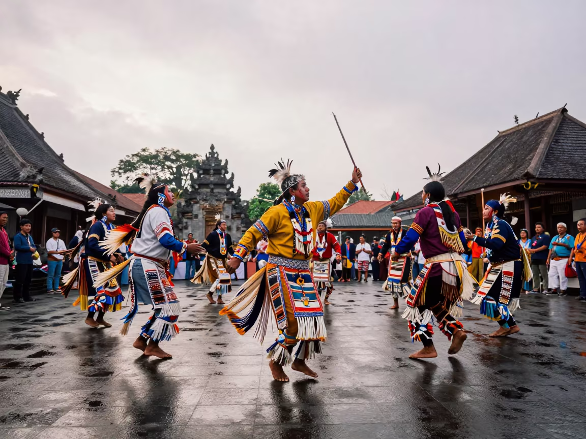 Native American Dancers in Wet Temple Courtyard in in a temple courtyard in Bandung